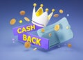 Cash back service, wallet with scattered coins and golden crown, financial payment label, 3d image Royalty Free Stock Photo