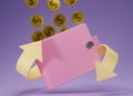 Cash back sign with Pink leather wallet, dollars gold coins and arrow. 3d render with pink purse and cash on purple background. Royalty Free Stock Photo