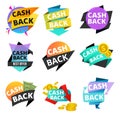 Cash back stickers and banner set. Money icons and tags for cash back isolated on white background. Vector illustration Royalty Free Stock Photo