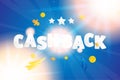 Cash Back text on horizontal web banner with original font on a blue background with lighting flash and light effects. Flat vector Royalty Free Stock Photo