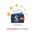 Cash back, wallet with dollar sign and flipping coin, transfer money