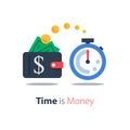 Cash back, wallet with dollar sign and stopwatch, easy loan, instant payment Royalty Free Stock Photo