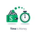 Cash back, wallet with dollar sign and stopwatch, easy loan, instant payment Royalty Free Stock Photo