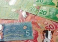 Cash bills from Canadian currency. Dollars. Overhead view of bills of different amounts