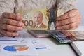 Cash bills from Canadian currency. Dollars. Retired woman holding bill on desk office