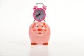 Cash box with financial income. Piggy bank with alarm clock. Royalty Free Stock Photo