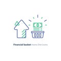Cash bundle in basket and arrow, financial investment, income growth, line icon