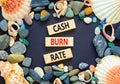 Cash burn rate symbol. Concept words Cash burn rate on wooden blocks on a beautiful black table black background. Sea stone, sea Royalty Free Stock Photo