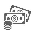 Cash, coin, money, gray profit icon