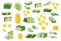 Cash and coins. Cartoon piles and stacks of coins and green banknotes, money cash and bank currency vector concept