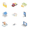 Cash delivery icons set, isometric style