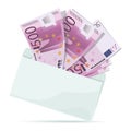 Cash. Euro bills. 500. Envelope full of cash. Banknotes, envelope. White background. Euro banknotes
