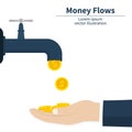 Cash flow concept. Gold coins fall. Catch money hand. Achievement success. Finance faucet. Vector illustration. Royalty Free Stock Photo