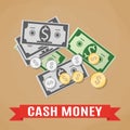 Cash, Green Dollars and Coins Royalty Free Stock Photo
