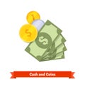 Cash, green dollars, gold and silver coins Royalty Free Stock Photo