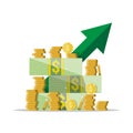 Cash growth. Green arrow. Dollars and coins Royalty Free Stock Photo