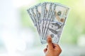Cash in hand, dollars and money fan with finance, reward and prize with giveaway bonus and financial freedom. Bills Royalty Free Stock Photo