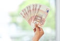 Cash in hand, euros and money fan with finance, reward and prize with giveaway bonus and financial freedom. Bills, notes Royalty Free Stock Photo