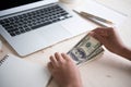 Cash in hands. Profits,savings. Stack of dollars Royalty Free Stock Photo