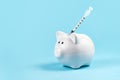 Cash infusion or Corona virus vaccine expenses concept with white piggy bank and syringe