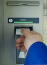 Cash machine hand and blank card Royalty Free Stock Photo