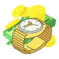 Cash management icon isometric vector. Wristwatch near dollar bill and gold coin