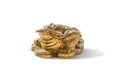 Cash mascot - Chan Chu - a gold frog figurine sitting on coins Royalty Free Stock Photo