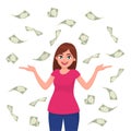 Cash / money / bank notes /currency bills falling around successful happy young business woman isolated in white background. Royalty Free Stock Photo