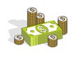 Cash money dollar stacks and coins cents piles isolated on white background. Vector 3d isometric business and finance illustration Royalty Free Stock Photo