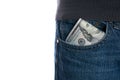 Cash, money is in the pocket of blue jeans Royalty Free Stock Photo