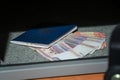 Cash Money Safe Deposit. Small Residential Vault with Cash Money and passport. Closeup Photo Royalty Free Stock Photo