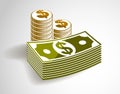 Cash money still-life with coins and banknote dollar stack, classic style vector