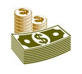 Cash money still-life with coins and banknote dollar stack, classic style vector