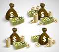 Cash money still-life with moneybag bag coins and banknote dollar stack, classic style vector