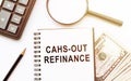 Cash out refinance on documents and dollars, calculator and magnifier Royalty Free Stock Photo