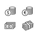 Cash paper money stack and dollar and euro coin black outline icon set with shadow. Business financial pictograms Royalty Free Stock Photo