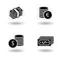 Cash paper money stack and dollar and euro coin black solid icon set with shadow. Business financial pictograms. Vector Royalty Free Stock Photo