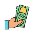 Cash payment color line icon. Hand holds money. Pictogram for web page, mobile app, promo. UI UX GUI design element. Editable Royalty Free Stock Photo