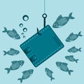 Cash purse on a fishing hook underwater with the fishes. Royalty Free Stock Photo