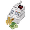 Cash register icon. Vector illustration of a cash register with check and bill. Hand drawn cash register for a store