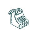 Cash register isolated in white background. Supermarket cashier in doodle style. Vector illustration