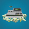 Cash register. A lot of money. Vector flat illustration.