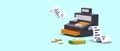 Cash register, receipt, coins, banknotes. Virtual cash register. 3D color vector illustration Royalty Free Stock Photo