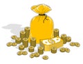 Cash riches and wealth, Money Bag with banknotes stacks and coin Royalty Free Stock Photo