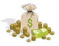 Cash riches and wealth, Money Bag with dollar stacks and coins c Royalty Free Stock Photo