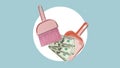 Cash sweep. Sweeps money in the shovel. Collage with shovel, broom and dollars