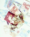 Cash on table : dollars, euro, rubl broken money. All in Royalty Free Stock Photo