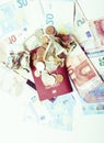 Cash on table isolated: dollars, euro, rubl broken money. All in mess, global crisis concept, dollar rules world