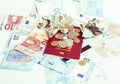 Cash on table isolated: dollars, euro, rubl broken money. All in Royalty Free Stock Photo