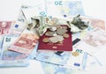 Cash on table isolated: dollars, euro, rubl broken money. All in mess, global crisis . passport travel concept Royalty Free Stock Photo